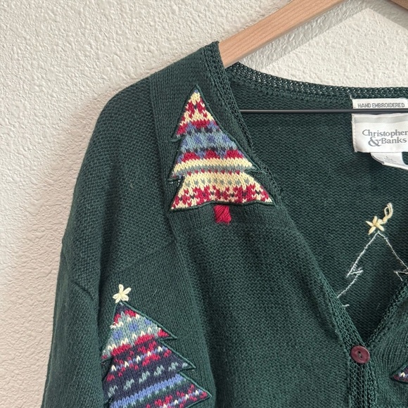 VTG Christopher & Banks Womens Hand Embroidered Christmas Tree Cardigan Gorpcore - Picture 3 of 9